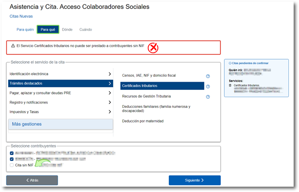 Servicio no disponibles para contribuyentes sin NIF