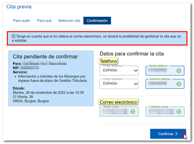 Indicar datos de contacto