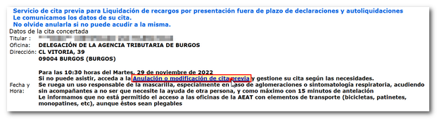 Correo de confirmación, con enlace para modificar o anular