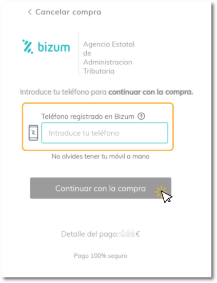 Pago con Bizum, introduce número de teléfono