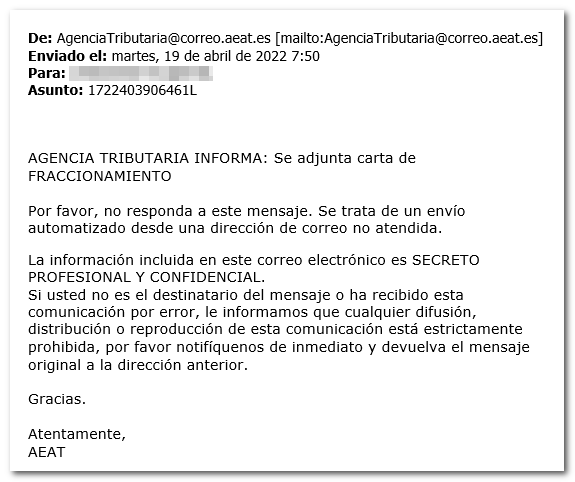 Imagen de correo fraudulento, falso o phishing