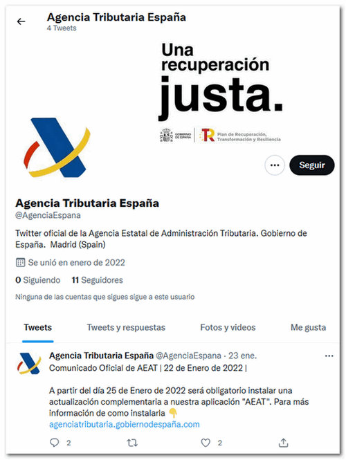 Cuenta de Twitter que suplanta la identidad de la AEAT