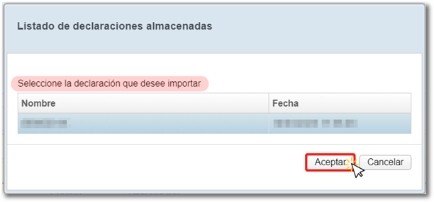 Selección de la declaración a cargar