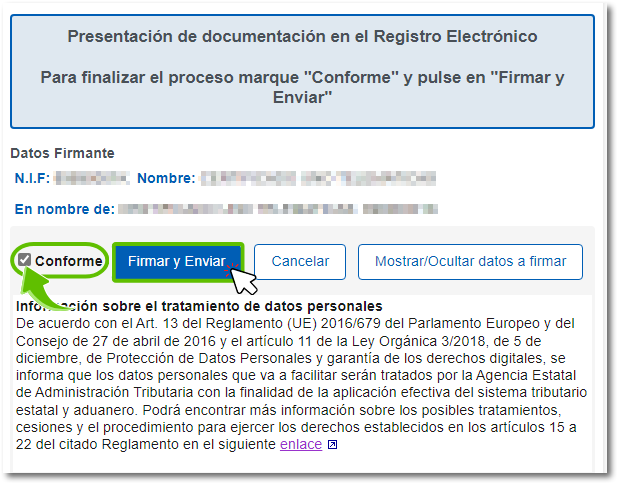 Conforme, Firmar y enviar