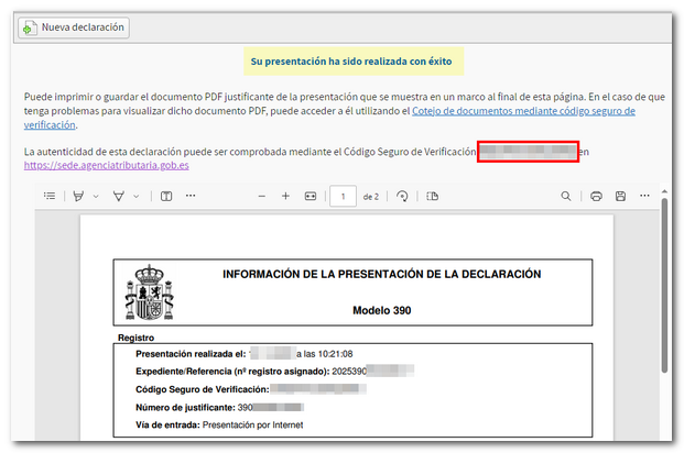 justificante presentaci&oacute;n enviada