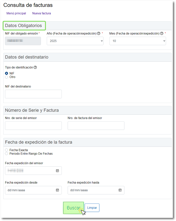 Datos obligatorios y buscar