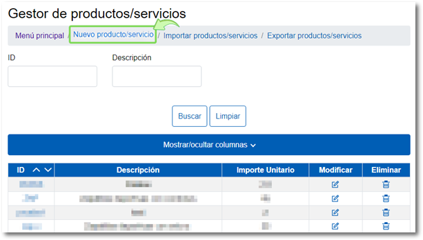 Nuevo producto/servicio