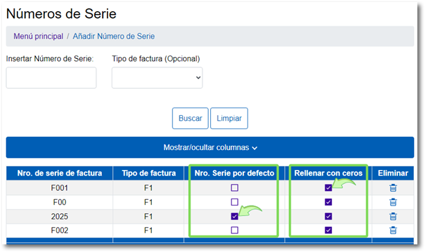 Número de serie opr defecto y Rellenar con ceros