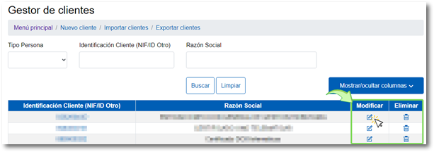 Modificar o eliminar un cliente