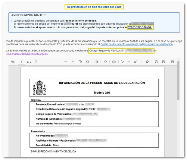 Justificante de la presentación 