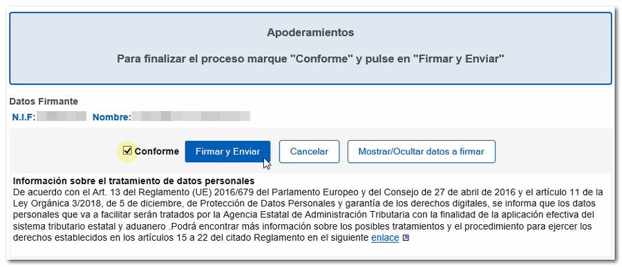 Conforme, firmar y enviar