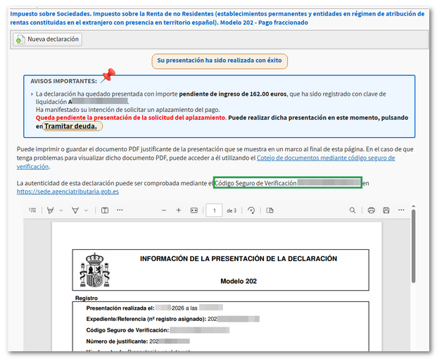 Justificante de presentación realizada con éxito y opción de tramitar deuda si procede