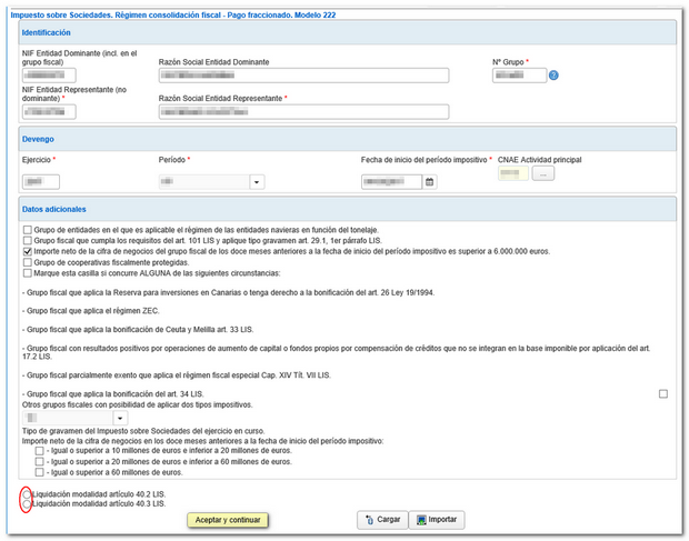 Datos identificativos, Devengo y selección de datos adicionales