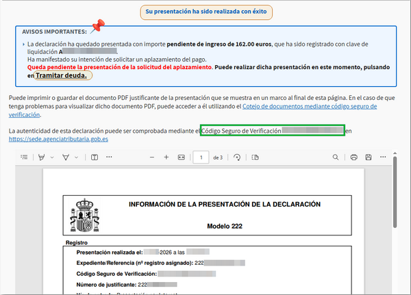 Justificante de presentación realizada con éxito y opción de tramitar deuda si procede