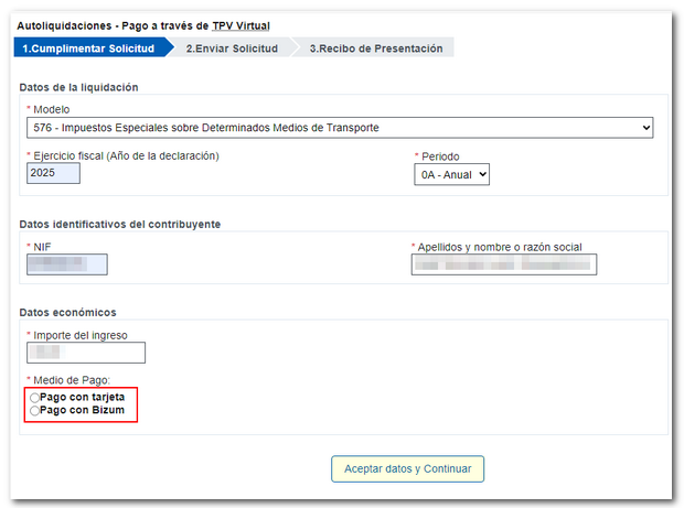 seleccionar tarjeta o bizum