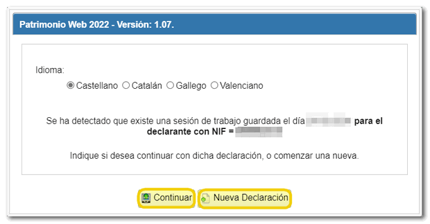 Continuar o nueva declaración