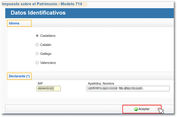 idioma declaración y aceptar