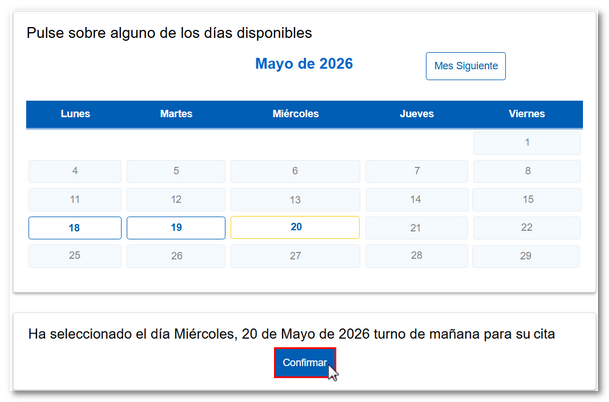 Confirmar d&iacute;a de la cita