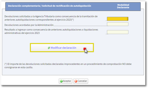 botón Modificar declaración
