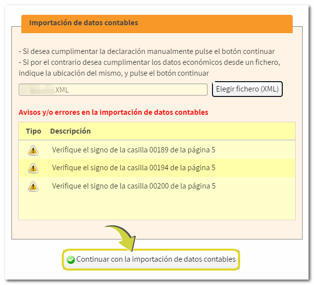 Errores, continuar con la importación de datos contables