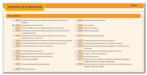 Caracteres de la declaración