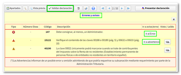 Validar. Errores detectados