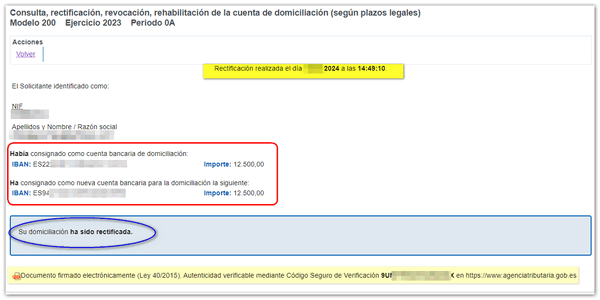 Confirmación de la modificación
