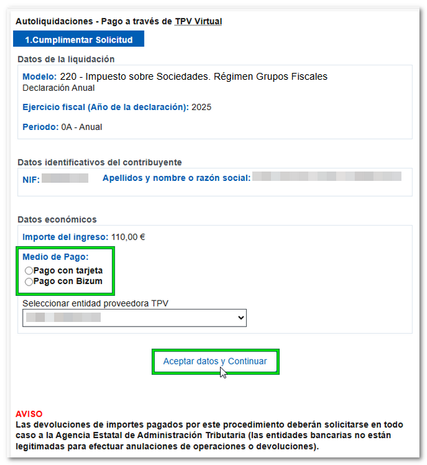 Selección medio de pago - tarjeta o Bizum