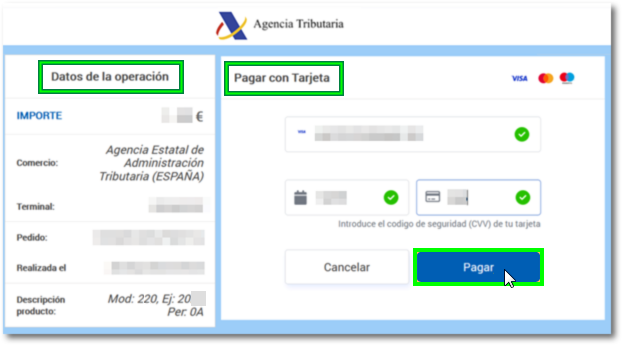 ventana de pago con tarjeta