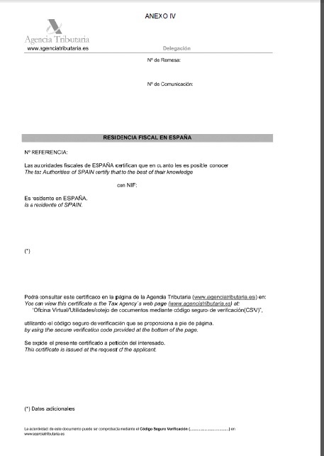 certificados de residencia fiscal aprobados por la Orden EHA/3316/2010. Anexo IV