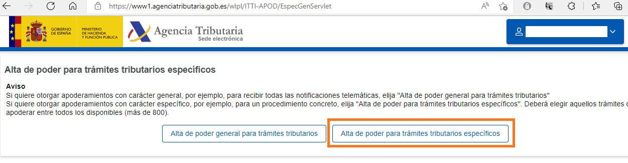 Bot&oacute;n "Alta de poder para tr&aacute;mites triutarios espec&iacute;ficos"