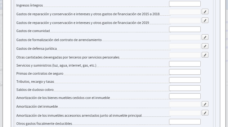 Cumplimentación datos de los ingresos y gastos