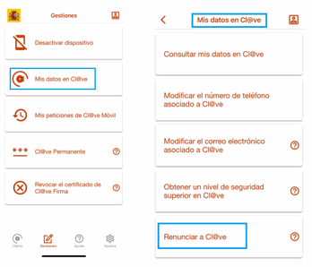 Apartados Mis datos y Renunciar del sistema de identificación Clave