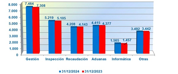 Gráfico en el que aparece la distribución entre las diversas áreas de gestión, inspección, recaudación, aduanas, informática y otras