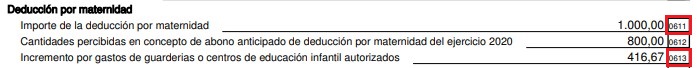 Imágen detalle casillas 611 y 613 deducción por maternidad