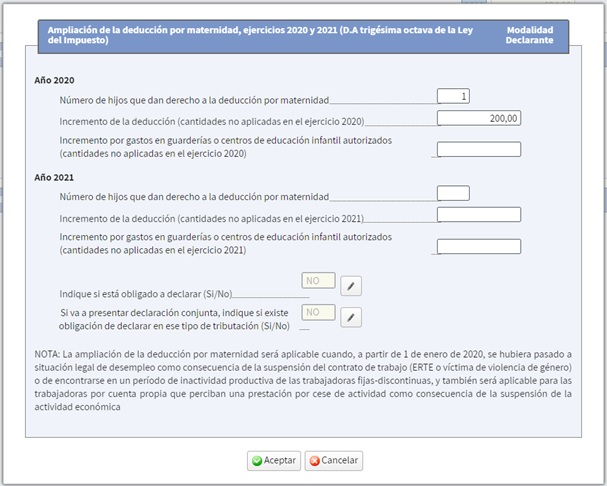 Imágen detalle sobre la cumplimentación, mediante Renta Web, de las casillas 1911 y 1912 de la deducción por maternidad