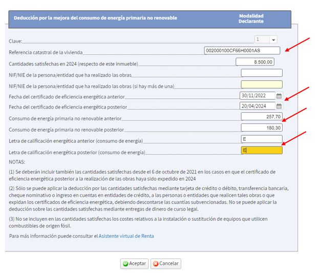 Pantalla deducción por la mejora del consumo de energía primaria no renovable