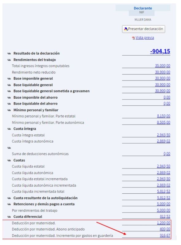 Pantalla cálculo incremento de la deducción