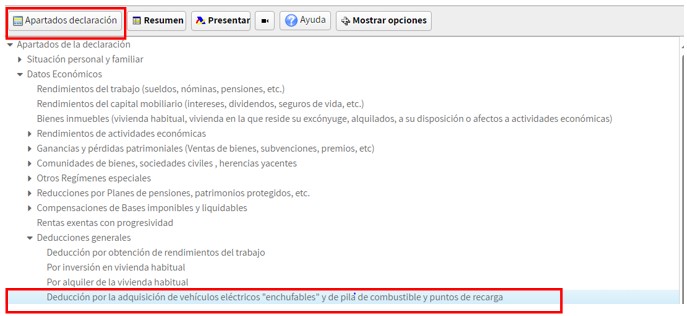 “Apartados declaración” de Renta Web sobre la deducción por la adquisición de vehículos eléctricos "enchufables" y de pila de combustible y puntos de recarga