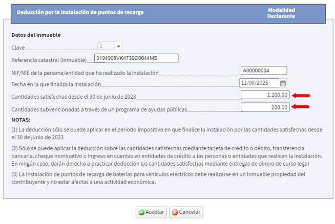 Casilla a rellenar sobre: cantidades satisfechas desde el 30 de junio de 2023 y cantidades subvencionadas a trav&eacute;s de un programa de ayudas p&uacute;blicas