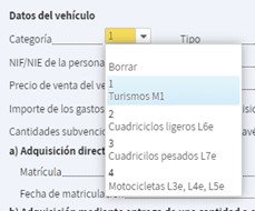 Desplegable para seleccionar la categoría del vehículo