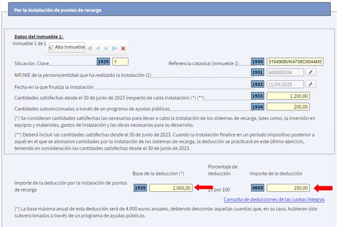 Casillas con importe de la deducci&oacute;n por la instalaci&oacute;n de puntos de recarga: base de la deducci&oacute;n, porcentaje de la deducci&oacute;n y importe de la deducci&oacute;n
