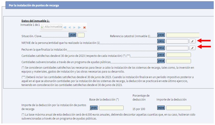 Cumplimentaci&oacute;n de las casillas: NIF/NIE de la persona/entidad que ha realizado la instalaci&oacute;n y fecha en la que finaliza la instalaci&oacute;n