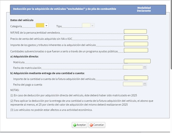 Ventana para cumplimentación de los datos del vehículo