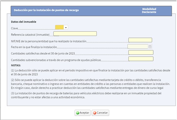Ventana para cumplimentar los datos del inmueble