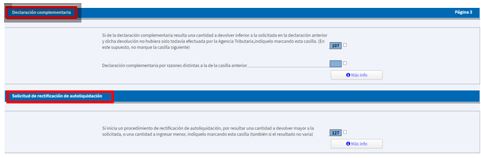 Pantalla con las opciones Declaración complementaria/Solicitud rectificación de autoliquidación