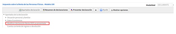 Modificar declaraci&oacute;n Renta 2025 ya presentada