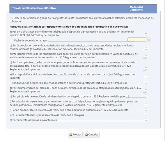 Seleccionar tipo de autoliquidaci&oacute;n rectificativa